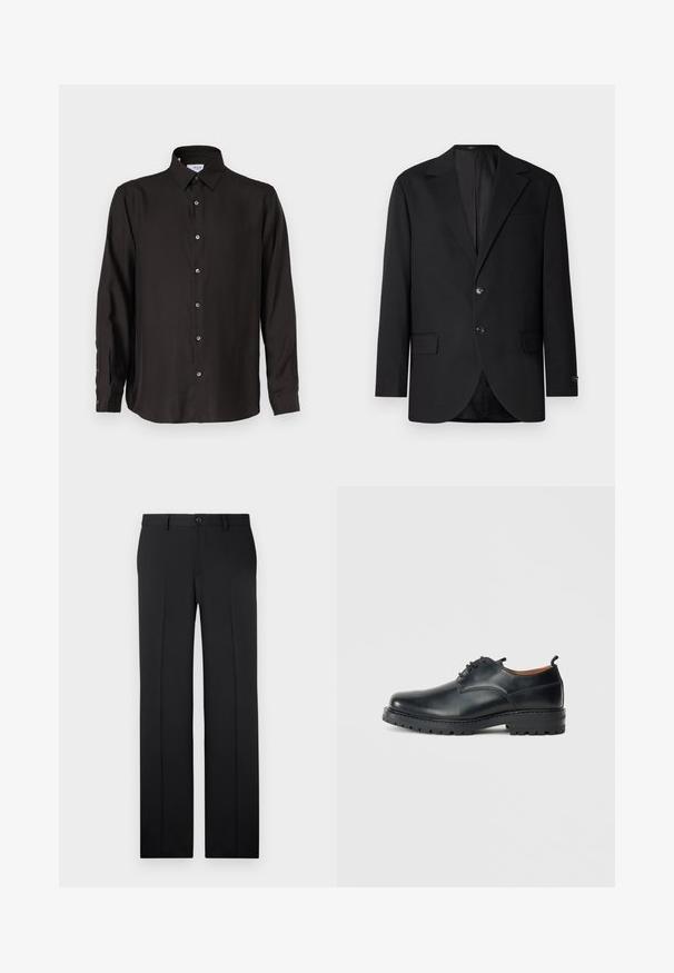 Schwarzer Blazer mit Reverskragen, Doppelknopfverschluss, zwei vorderen Taschen und einer Brusttasche. Glattes Material und taillierte Passform.; Schwarzes Langarmhemd aus glattem Stoff, mit durchgehender Knopfleiste, spitzem Kragen und abgerundetem Saum mit kontrastierenden Knöpfen.; Schwarze, maßgeschneiderte Hose mit geradem Bein, glattem Stoff, vorderen Falten und einem einzelnen Knopfverschluss an der Taille.; Schwarze Leder Derby-Schuhe mit glatter Textur, runder Zehenform, Schnürdesign und einer dicken, robusten Gummisohle.