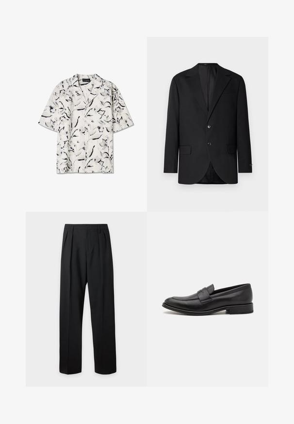 Sort blazer med en notch lapel, dobbel knaplukning, to frontlommer og en enkelt brystlomme. Glat stof og skræddersyet pasform.; Kortærmet skjorte med åben krave i hvid base med sorte og grå blomsterede mønstre. Letvægtsstof med knapdetaljer.; Sorte formelle bukser med plisseringer, bæltestropper og knaplukning ved taljen, vist mod en ensfarvet lys baggrund.; Sort læderloafer med en glat finish, en dekorativ rem over vristen, rund tå og en lav stablet hæl.