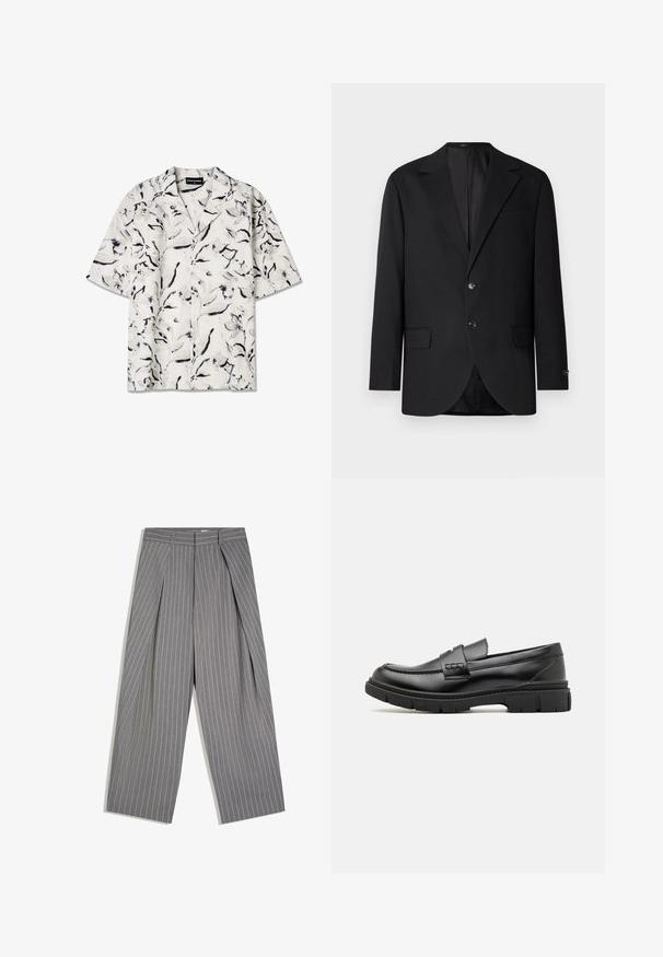 Schwarzer Blazer mit Reverskragen, Doppelknopfverschluss, zwei vorderen Taschen und einer Brusttasche. Glattes Material und taillierte Passform.; Kurzärmliges, offenes Kragenhemd mit weißem Grund und schwarzen sowie grauen Blumenmustern. Leichter Stoff mit Knopfdetails.; Graue Hosen mit weitem Bein, weißen Nadelstreifen und vorderen Falten, mit hohem Bund und Gürtelschlaufen.; Schwarze Lederloafer mit einem breiten Riemen über dem Rist, Gummisohle mit dicken Profilen und glatter Textur. Klassisches, schlankes Design.