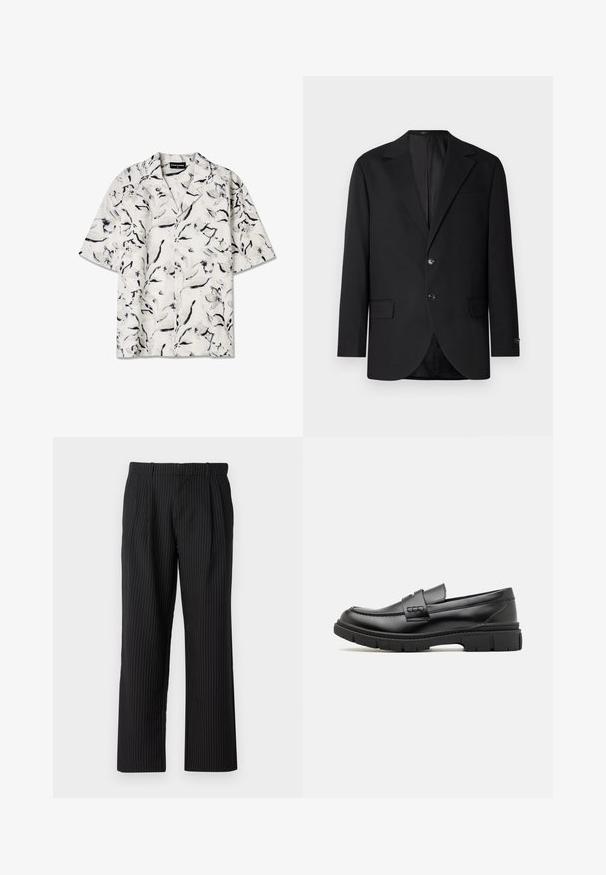 Zwarte blazer met een notch lapel, dubbele knoopsluiting, twee voorzakken en een enkele borstzak. Gladde stof en een getailleerde pasvorm.; Korte mouw, open-kraag shirt met een witte basis en zwarte en grijze bloemenpatronen. Lichtgewicht stof met knoopdetails.; Jack & Jones Classic Wide Leg Fit - Broek - black; Zwarte leren instapper met een brede band over de voet, rubberen zool met dikke noppen en een gladde textuur. Klassiek, strak ontwerp.