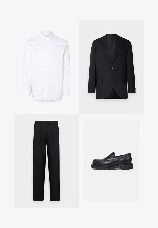Schwarzer Blazer mit Reverskragen, Doppelknopfverschluss, zwei vorderen Taschen und einer Brusttasche. Glattes Material und taillierte Passform.; Weißes Hemd mit langen Ärmeln, klassischem Kragen und geknöpften Manschetten.; Schwarze Hose aus glattem Stoff, mit geradem Bein Design, zwei vorderen Falten und einem Standardbund mit Gürtelschlaufen.; Schwarzer Lederloafer mit dicker, profilierter Sohle und Pennyriemen-Detail, von der rechten Seitenansicht auf weißem Hintergrund gezeigt.