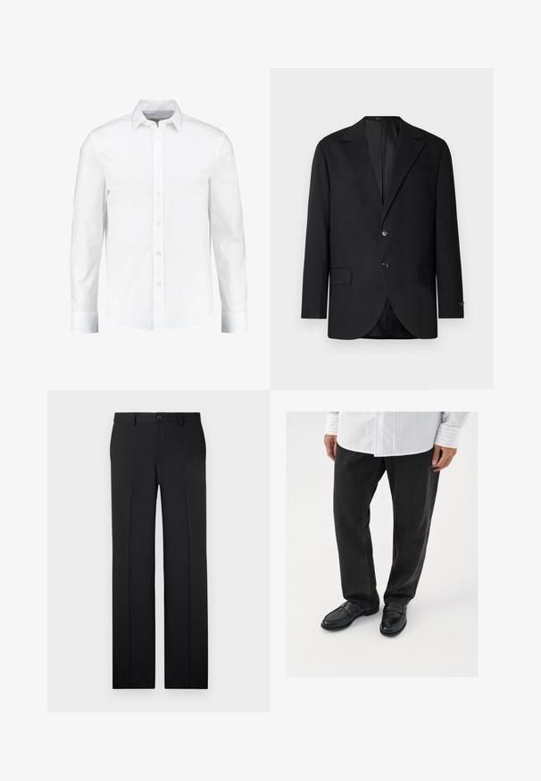 Blazer noir avec un col cranté, fermeture à deux boutons, deux poches avant et une poche poitrine. Tissu lisse et coupe ajustée.; Chemise blanche à manches longues à boutons, fabriquée en coton lisse. Dotée d'un col classique et d'une fermeture à boutons à l'avant avec un ourlet droit.; Pantalons noirs ajustés avec une coupe droite, en tissu lisse, avec des plis avant et une fermeture à bouton unique à la taille.; Pantalons en denim noir associés à des mocassins noirs brillants. La chemise est blanche avec de fines rayures verticales, avec des manches longues et un col boutonné.