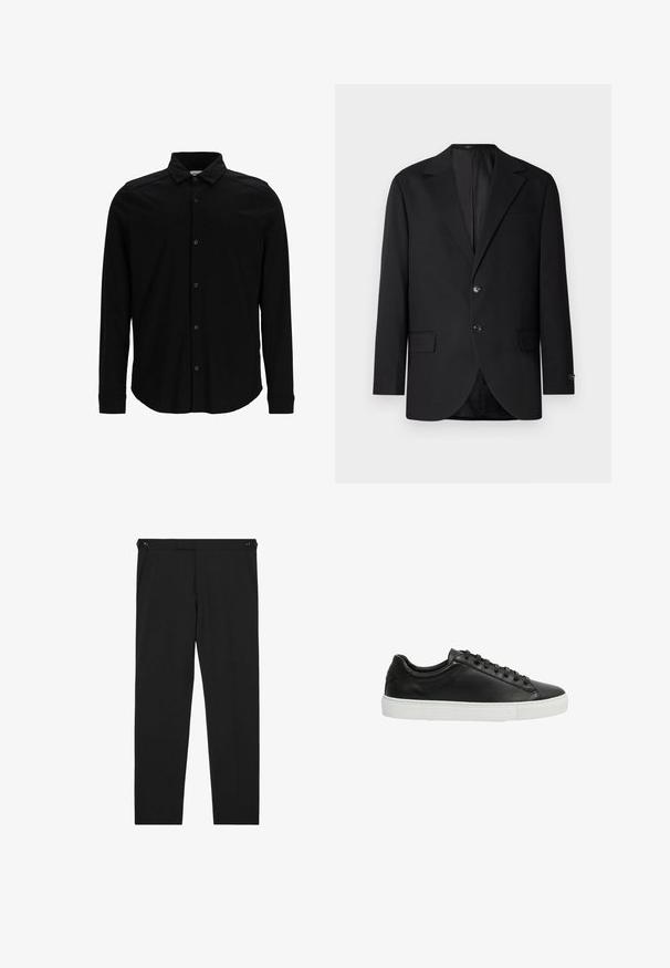 Blazer negro con solapa de muesca, cierre de doble botón, dos bolsillos frontales y un bolsillo en el pecho. Tela suave y corte entallado.; Camisa negra de manga larga hecha de una tela suave, con frente abotonado, cuello y un discreto logo bordado en el pecho.; Pantalones negros de pierna recta con bolsillos laterales y detalles de botones en la pretina, mostrados planos sobre un fondo blanco.; Zapatillas de piel negra con textura suave, puntera redondeada y suela blanca de goma. Presentan un diseño con cordones y acentos minimalistas.