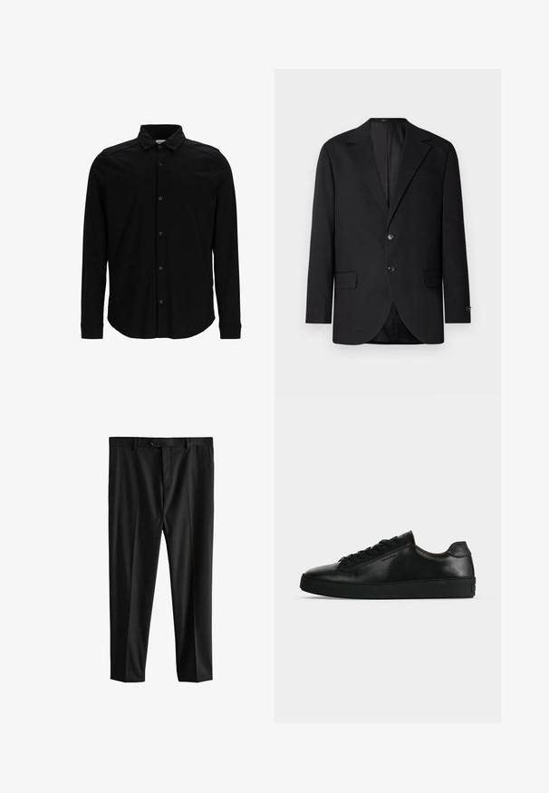 Sort blazer med en notch lapel, dobbel knaplukning, to frontlommer og en enkelt brystlomme. Glat stof og skræddersyet pasform.; Sort langærmet skjorte lavet af glat stof, med knaplukning foran, krave og en diskret broderet logo på brystet.; Sorte skræddersyede bukser med bæltestropper, frontknaplukning og sidelommer, vist fladt på hvid baggrund.; Sort lavtop lædersneaker med sorte snørebånd og en tyk sort sål, vist fra siden på en lysegrå baggrund.