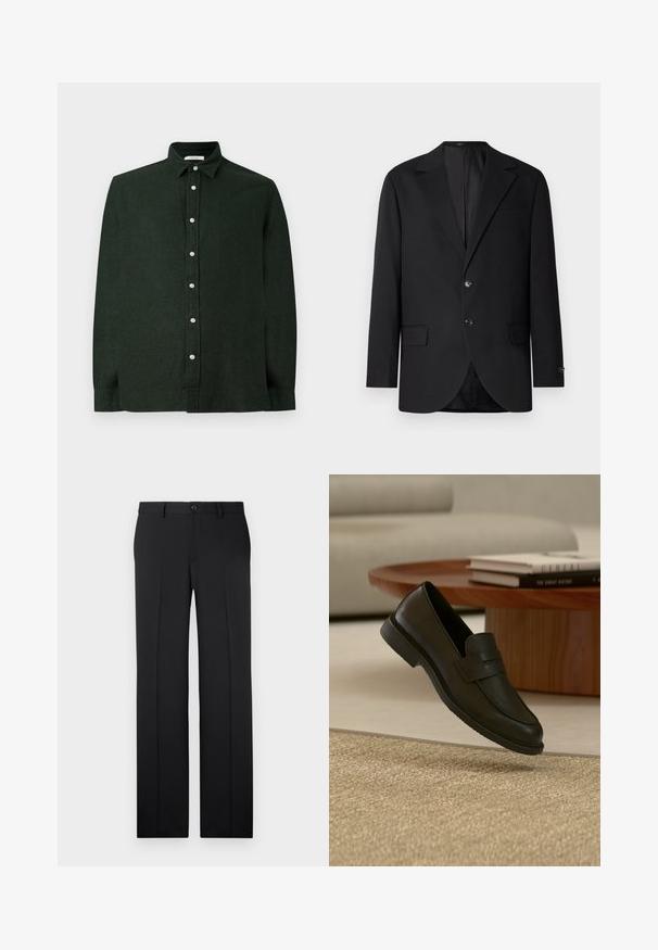 Schwarzer Blazer mit Reverskragen, Doppelknopfverschluss, zwei vorderen Taschen und einer Brusttasche. Glattes Material und taillierte Passform.; Dunkelgrünes Langarmhemd aus strukturiertem Stoff, mit durchgehender Knopfleiste und klassischem Kragen. Schlichtes Design ohne Muster.; Schwarze, maßgeschneiderte Hose mit geradem Bein, glattem Stoff, vorderen Falten und einem einzelnen Knopfverschluss an der Taille.; Schwarzer Lederloafer-Schuh schwebt über einem beige gewebten Teppich, mit einem Holztisch und gestapelten Büchern in einem sanft beleuchteten Wohnzimmer.