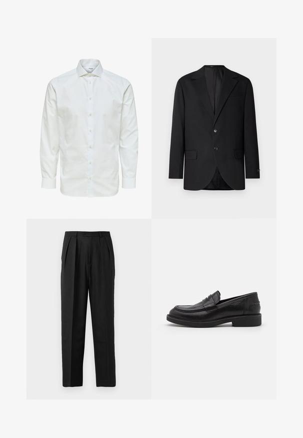Blazer negro con solapa de muesca, cierre de doble botón, dos bolsillos frontales y un bolsillo en el pecho. Tela suave y corte entallado.; Camisa blanca de vestir de manga larga con botones en la parte delantera y cuello puntiagudo, mostrada sobre un fondo blanco.; Pantalones plisados negros con un diseño a medida, elaborados en una tela suave, con cierre de botón y corte recto.; Mocasines de cuero negro con puntera redondeada, costuras tonales y un detalle de tira en la parte frontal. Suela de goma con un tacón bajo.