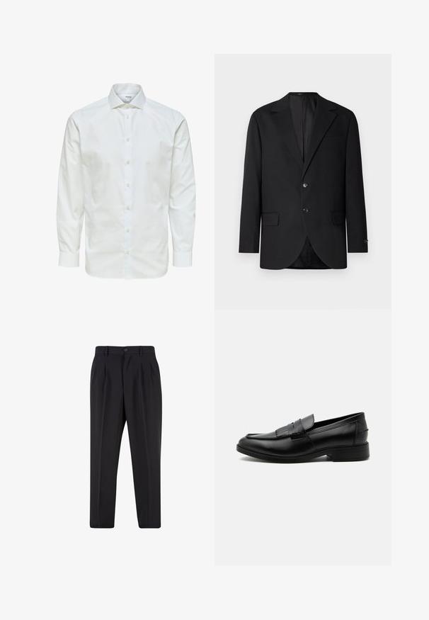 Schwarzer Blazer mit Reverskragen, Doppelknopfverschluss, zwei vorderen Taschen und einer Brusttasche. Glattes Material und taillierte Passform.; Weißes Hemd mit langen Ärmeln, durchgeknöpft vorne und spitzem Kragen, vor weißem Hintergrund dargestellt.; Schwarze, maßgeschneiderte Hose mit vorderen Bundfalten, Gürtelschlaufen und Knopfverschluss an der Taille.; Schwarzer Leder-Herrenloafer mit Quasten-Detail, abgerundeter Spitze, niedrigem Absatz und glatter, polierter Oberfläche, von der Seite auf weißem Hintergrund dargestellt.