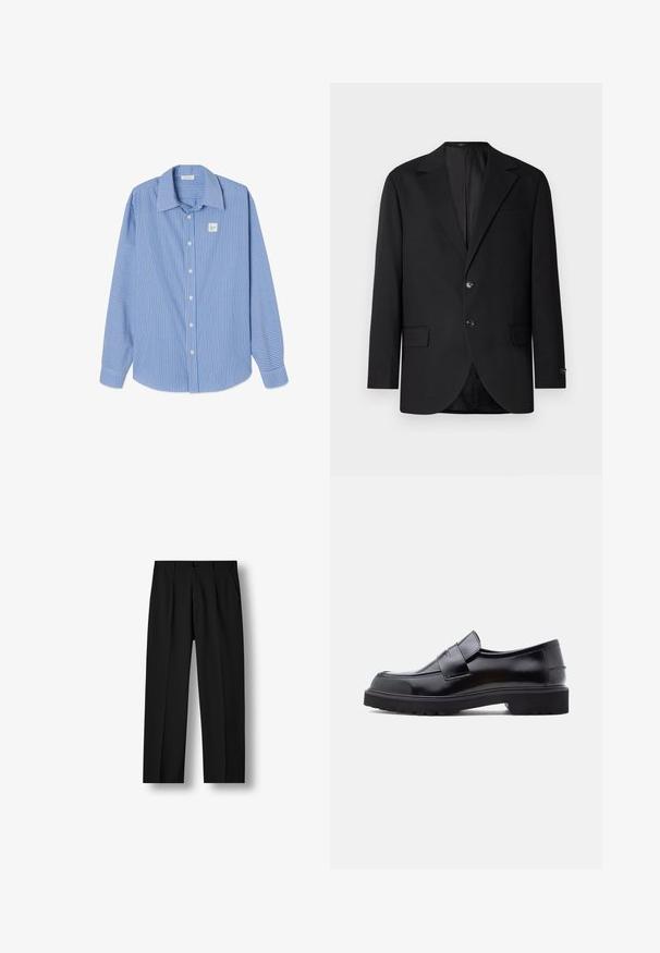 Blazer negro con solapa de muesca, cierre de doble botón, dos bolsillos frontales y un bolsillo en el pecho. Tela suave y corte entallado.; Camisa de manga larga a rayas verticales en azul y blanco, con cuello puntiagudo, botones frontales y un pequeño parche con logo cuadrado en el pecho izquierdo.; Pantalones negros de pierna recta con pliegues delanteros, cintura con botones y bolsillos laterales sobre fondo blanco liso.; Zapato negro de piel sin cordones con un diseño elegante, punta redondeada y una suela de goma gruesa y texturizada. Cuenta con una correa decorativa en la parte frontal.