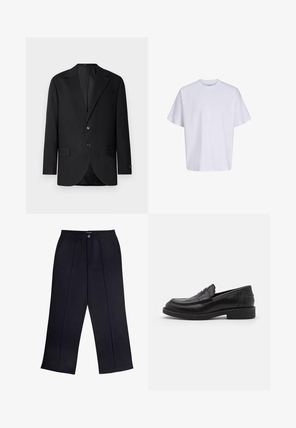 Blazer negro con solapa de muesca, cierre de doble botón, dos bolsillos frontales y un bolsillo en el pecho. Tela suave y corte entallado.; Camiseta blanca lisa de manga corta, de gran tamaño, con cuello redondo y corte holgado sobre un fondo blanco.; Pantalones de pierna ancha negros de tejido suave que cuentan con cremallera, cierre de botón y bolsillos frontales. Detalle de pliegue notable a lo largo de cada pierna.; Mocasines de cuero negro con puntera redondeada, costuras tonales y un detalle de tira en la parte frontal. Suela de goma con un tacón bajo.