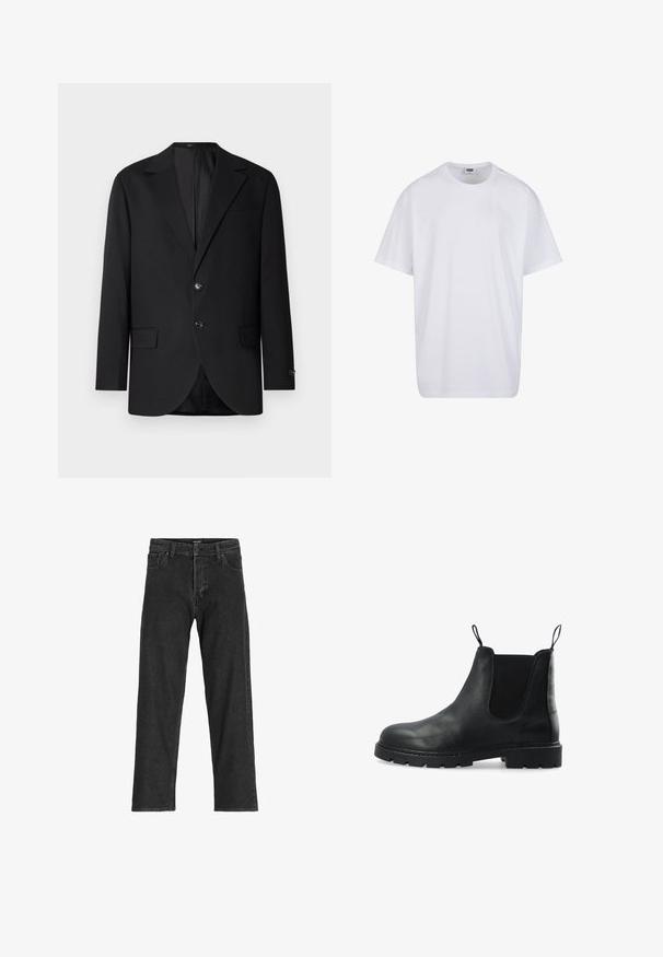 Zwarte blazer met een notch lapel, dubbele knoopsluiting, twee voorzakken en een enkele borstzak. Gladde stof en een getailleerde pasvorm.; Effen witte katoenen T-shirt met korte mouwen, ronde hals en zichtbare maat- en merklabel aan de binnenkant van de kraag.; Zwarte spijkerbroek met een recht model, voorzien van een rits, riemlussen en zes zakken, gemaakt van een stevige katoenmix.; Zwarte leren Chelsea-laars met elastische zijpanelen, trekbandjes bij de enkel, een gestructureerd bovenwerk en een robuuste rubberen loopzool.