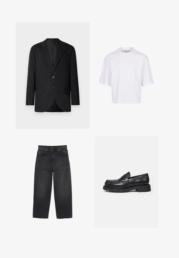 Blazer noir avec un col cranté, fermeture à deux boutons, deux poches avant et une poche poitrine. Tissu lisse et coupe ajustée.; T-shirt blanc à manches courtes avec un col rond et une coupe décontractée, fabriqué à partir d'un tissu en coton mélangé doux. Aucun motif ni embellissement.; Jean noir à jambes larges avec une taille haute, bouton et fermeture éclair à l'avant, passants pour ceinture, et poches avant et arrière.; Mocassin en cuir noir avec semelle épaisse crantée et détail de bride penny, présenté en profil droit sur fond blanc.