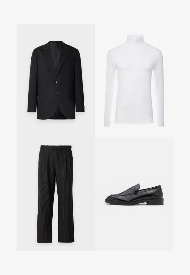 Sort blazer med en notch lapel, dobbel knaplukning, to frontlommer og en enkelt brystlomme. Glat stof og skræddersyet pasform.; Hvid langærmet turtleneck skjorte lavet af blødt, strækbart materiale. Har en høj krave og et tætsiddende design, som giver en strømlinet silhuet.; Jack & Jones JPSTBILL JJDAYTONA WIDE CHINO - Chino - black; Sorte læder loafers med en glat overflade, der har en rund tå og en smal bånd over det øverste. Lav stablet hæl.