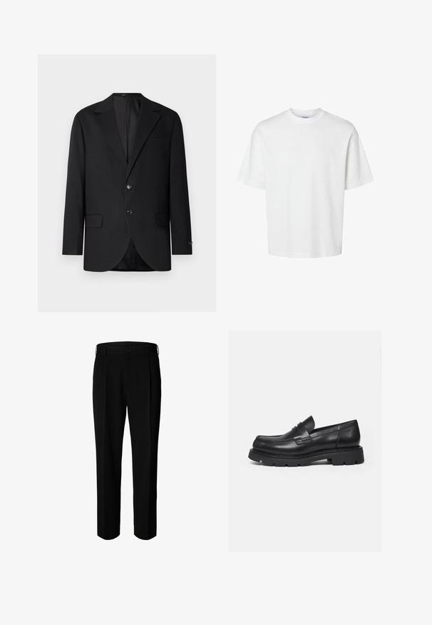 Schwarzer Blazer mit Reverskragen, Doppelknopfverschluss, zwei vorderen Taschen und einer Brusttasche. Glattes Material und taillierte Passform.; Schlichtes weißes T-Shirt mit kurzen Ärmeln, Rundhalsausschnitt und lockerem Schnitt, abgebildet auf weißem Hintergrund.; Schwarze formelle Hose mit Gürtelschlaufen, Frontknopf und Reißverschluss, vor weißem Hintergrund dargestellt.; Schwarzer Lederloafer mit dicker, profilierter Sohle und Pennyriemen-Detail, von der rechten Seitenansicht auf weißem Hintergrund gezeigt.