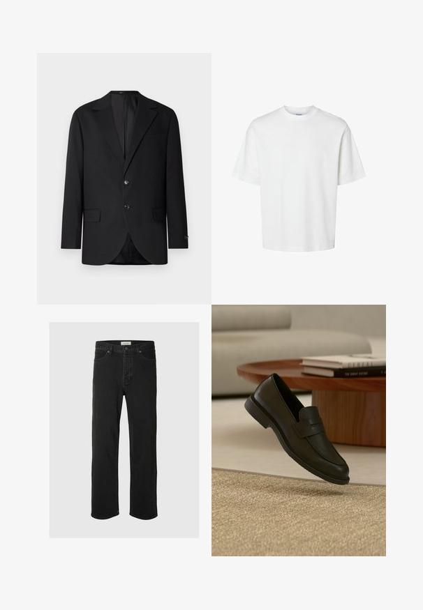 Sort blazer med en notch lapel, dobbel knaplukning, to frontlommer og en enkelt brystlomme. Glat stof og skræddersyet pasform.; Enkel hvid t-shirt med korte ærmer, rund hals og løs pasform vist på hvid baggrund.; Sorte denim straight-leg jeans har et klassisk fem-lomme design med knaplukning, minimal syning og en blød tekstur.; Sort læderloafer vist i luften over en beige vævet tæppe, med et træbord og stablede bøger i et blødt oplyst stue.