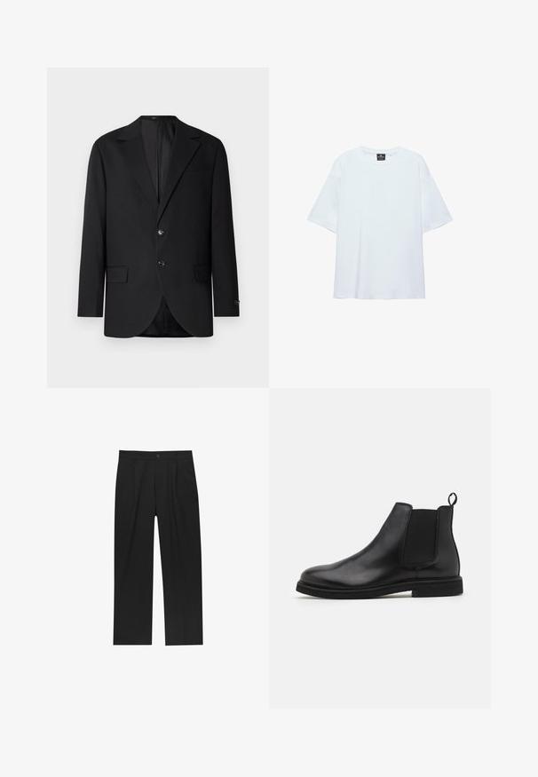 Zwarte blazer met een notch lapel, dubbele knoopsluiting, twee voorzakken en een enkele borstzak. Gladde stof en een getailleerde pasvorm.; Effen witte oversized T-shirt met korte mouwen, ronde halslijn en een zwart label aan de binnenkant van de kraag, op een witte achtergrond.; Zwarte broeken met een recht model, gemaakt van een gladde stof. Voorzien van een voorplooien en een enkele knoopsluiting bij de taille.; Zwarte leren Chelsea boots met elastische zijpanelen en een trekband. Ronde neus en platte rubberen zool, met een gladde afwerking.