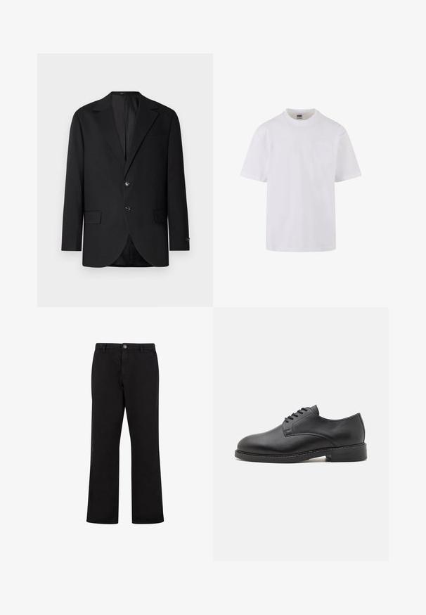Zwarte blazer met een notch lapel, dubbele knoopsluiting, twee voorzakken en een enkele borstzak. Gladde stof en een getailleerde pasvorm.; Witte korte mouwen T-shirt van katoen, met een ronde halslijn en een enkele zak aan de linkerkant van de borst.; Zwarte rechte broek met knoopsluiting aan de voorkant, riemlussen en zijzakken, getoond op een witte achtergrond.; Zwarte lederen oxford schoen met een ronde neus, voorzien van een gladde afwerking, vijf-oog veter sluiting en een lage gestapelde hak.