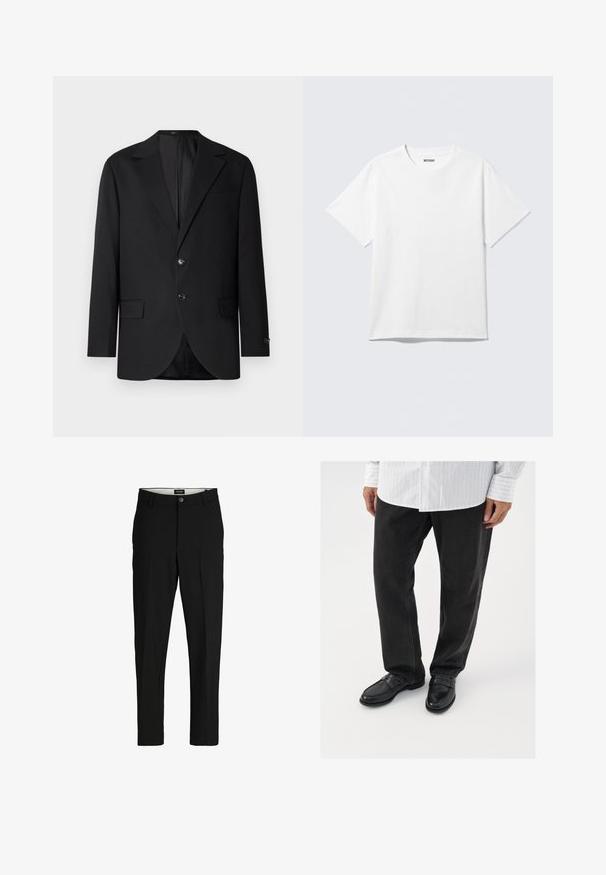 Zwarte blazer met een notch lapel, dubbele knoopsluiting, twee voorzakken en een enkele borstzak. Gladde stof en een getailleerde pasvorm.; Witte T-shirt met korte mouwen en ronde hals, plat gelegd, effen ontwerp, met een "WEEKDAY" label in de kraag op een lichte achtergrond.; Zwarte broek van gladde stof, met een gestructureerd ontwerp, rechte pijpen, twee zijzakken en een enkele knoopsluiting.; Zwarte denim broek gecombineerd met glanzende zwarte instappers. Het shirt is wit met dunne verticale strepen, heeft lange mouwen en een geknoopte kraag.
