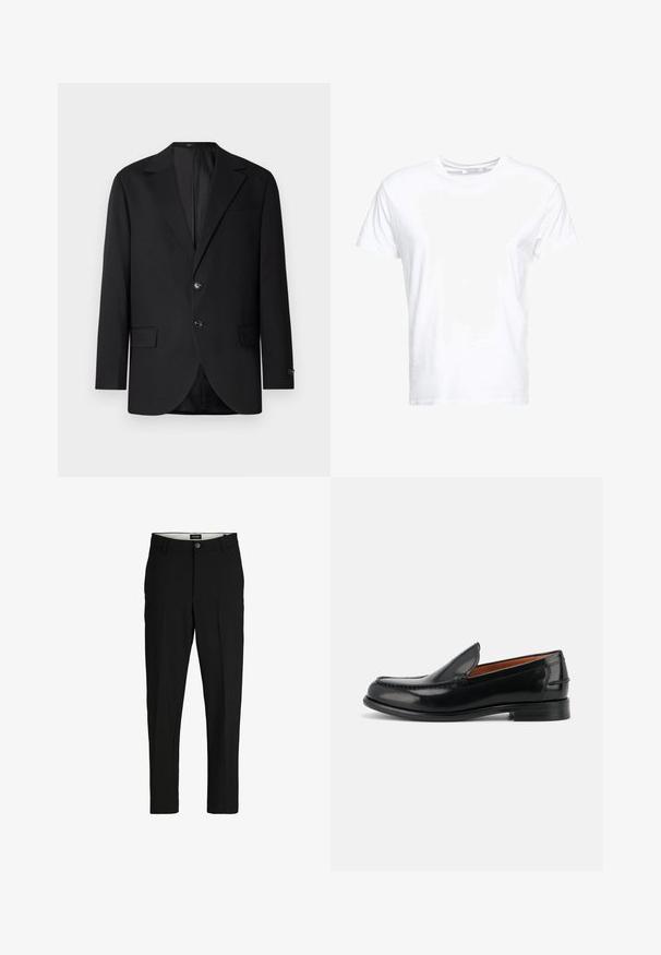Schwarzer Blazer mit Reverskragen, Doppelknopfverschluss, zwei vorderen Taschen und einer Brusttasche. Glattes Material und taillierte Passform.; Weißes Baumwoll-T-Shirt mit rundem Ausschnitt und kurzen Ärmeln, im klassischen Schnitt und mit glatter Textur. Keine sichtbaren Muster oder Hardware.; Schwarze Hosen aus glattem Stoff, mit maßgeschneidertem Design, geraden Beinen, zwei Fronttaschen und einem Knopfverschluss.; Schwarzer polierter Leder-Slipper mit niedrigem Absatz und gesteppten Details entlang der Spitze und Seiten, aus der Seitenansicht.