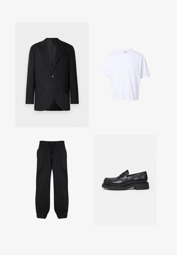 Blazer negro con solapa de muesca, cierre de doble botón, dos bolsillos frontales y un bolsillo en el pecho. Tela suave y corte entallado.; Camiseta blanca lisa de algodón, de manga corta, con cuello redondo, corte holgado y etiqueta de la marca Urban Classic dentro del cuello.; Pantalones de chándal negros con cintura elástica, cordón y bolsillos laterales. Fabricados con una tela suave, tienen un corte holgado y tobillos ajustados.; Mocasín negro de cuero con suela gruesa y acanalada y detalle de tira para moneda, mostrado en perfil lateral derecho sobre fondo blanco.