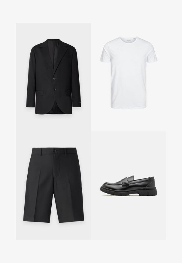 Blazer negro con solapa de muesca, cierre de doble botón, dos bolsillos frontales y un bolsillo en el pecho. Tela suave y corte entallado.; Camiseta de manga corta y cuello redondo en blanco sólido, fabricada en algodón suave, presenta un diseño simple sin patrones ni acentos visibles.; Bermudas negras a medida de tela ligera, con corte recto, pliegues simples y cierre frontal de botón.; Mocasin de cuero negro con una cinta ancha en el empeine, suela de goma con tacos gruesos y textura suave. Diseño clásico y elegante.
