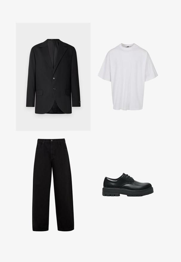 Blazer noir avec un col cranté, fermeture à deux boutons, deux poches avant et une poche poitrine. Tissu lisse et coupe ajustée.; T-shirt en coton blanc avec un col rond et des manches courtes, présentant une coupe ample et des détails de couture subtils.; Jean noir à jambes larges en denim, doté de poches avant, d'une fermeture à bouton et d'un design épuré et minimal sans motifs visibles.; Chaussure en cuir noir à lacets avec une semelle épaisse rainurée et un bout arrondi, vue de profil sur fond blanc.