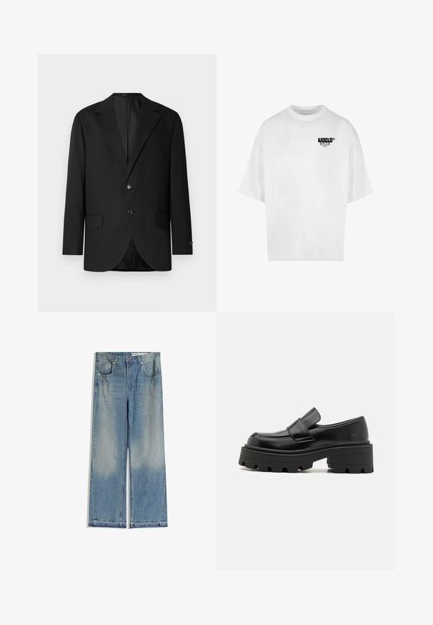Blazer noir avec un col cranté, fermeture à deux boutons, deux poches avant et une poche poitrine. Tissu lisse et coupe ajustée.; T-shirt oversize blanc avec un col rond et des manches courtes. Présente un logo noir imprimé sur la zone de la poitrine gauche. En matériau coton doux.; Jean large en denim bleu clair avec un délavage, comportant deux poches avant, une fermeture par bouton et une coupe droite avec des ourlets nets.; Mocassins en cuir noir avec une semelle en caoutchouc épaisse, présentant une plateforme surélevée et une sangle sur le cou-de-pied. Texture lisse et forme arrondie.