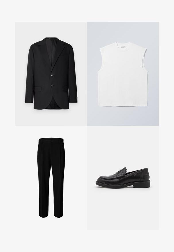 Sort blazer med en notch lapel, dobbel knaplukning, to frontlommer og en enkelt brystlomme. Glat stof og skræddersyet pasform.; Hvid ærmeløs bomulds top med rund hals og markerede skulderpartier, mærket "WEEKDAY" på halsmærket, vist på lys grå baggrund.; Sorte formelle bukser med bæltestropper, knap foran og lynlås, vist mod hvid baggrund.; Sorte læder loafers med en rund tå, tonale syninger og en stropdetalje foran. Gummisål med en lav hæl.