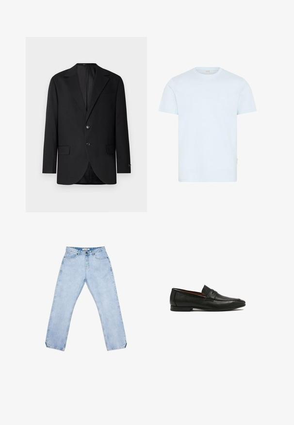 Blazer noir avec un col cranté, fermeture à deux boutons, deux poches avant et une poche poitrine. Tissu lisse et coupe ajustée.; T-shirt léger bleu clair à manches courtes avec un col rond et une petite étiquette de marque sur la couture latérale gauche.; Jean en denim bleu clair avec une coupe droite, comprenant cinq poches, une fermeture à bouton et un léger effet délavé. Pas de motifs ni de logos visibles.; Mocassins en cuir noir avec une finition texturée, dotés d'une bride décorative et d'une semelle basse et plate. Design élégant avec un bout pointu.