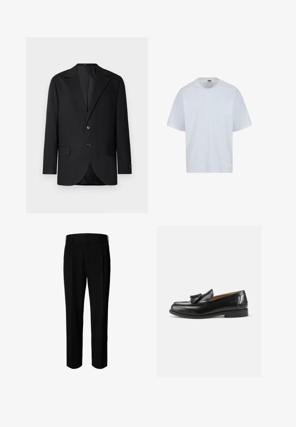 Blazer negro con solapa de muesca, cierre de doble botón, dos bolsillos frontales y un bolsillo en el pecho. Tela suave y corte entallado.; Camiseta de algodón blanca con cuello redondo, mangas cortas y corte recto. Presenta sutiles detalles de costura en los hombros.; Pantalones formales negros con trabillas para cinturón, botón frontal y cierre de cremallera, mostrados sobre fondo blanco.; Mocasines de cuero negro con un acento de borlas, punta redondeada y un acabado suave. La suela es plana con un patrón de relieve mínimo.