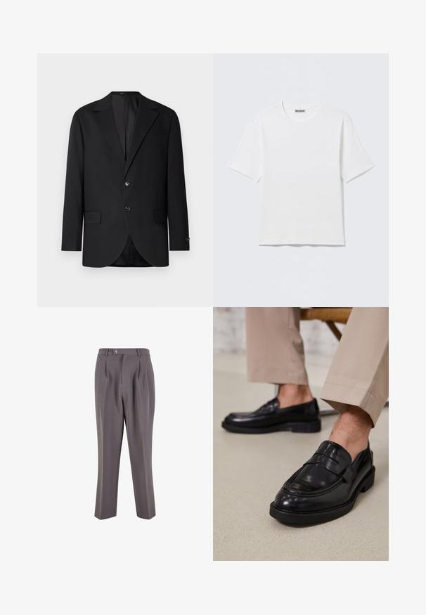 Sort blazer med en notch lapel, dobbel knaplukning, to frontlommer og en enkelt brystlomme. Glat stof og skræddersyet pasform.; Hvid, kortærmet t-shirt med rund hals og et lille "WEEKDAY"-mærke på indersiden af bagkraven, vist på en flad overflade.; Grå plisserede bukser lavet af glat stof, med lige ben-design, en enkelt knaplukning og skrå sidelommer.; Sorte lædermokkasiner med en glat overflade, der har en dekorativ rem og kontraststing, parret med beige bukser.