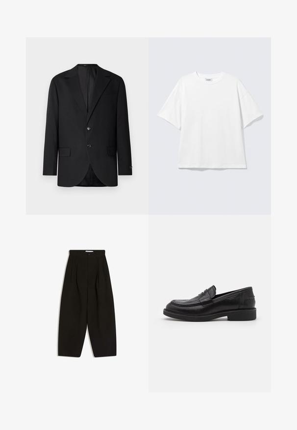 Sort blazer med en notch lapel, dobbel knaplukning, to frontlommer og en enkelt brystlomme. Glat stof og skræddersyet pasform.; Hvid oversized t-shirt med korte ærmer og rund halsudskæring med sænkede skuldre, fladt lagt på lys grå baggrund.; Sorte bukser med vide ben lavet af blødt stof, med plisseret front, knaplukning og sidelommer for ekstra funktionalitet.; Sorte læder loafers med en rund tå, tonale syninger og en stropdetalje foran. Gummisål med en lav hæl.
