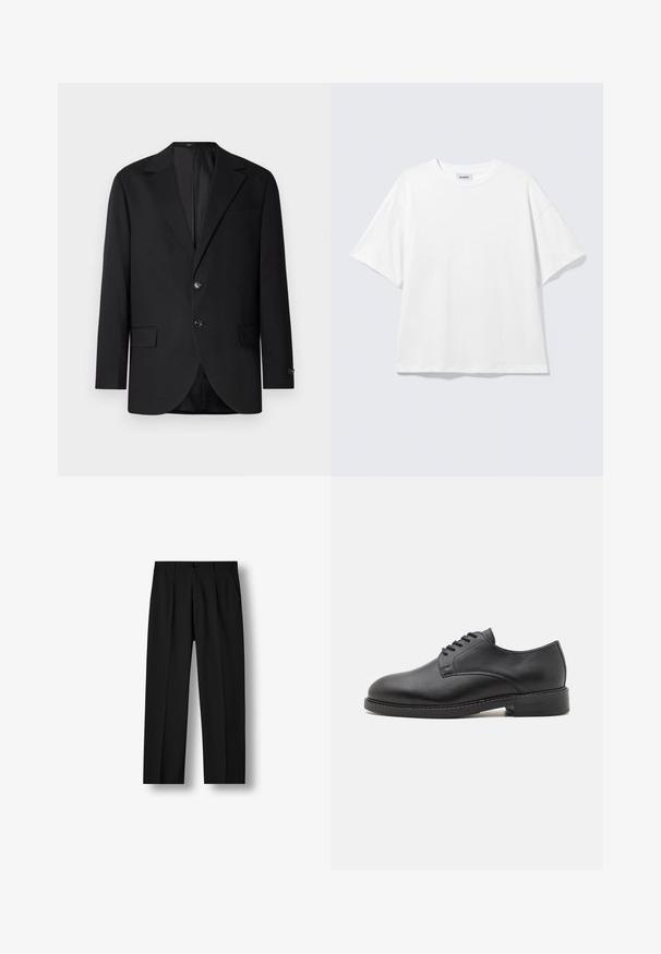 Blazer negro con solapa de muesca, cierre de doble botón, dos bolsillos frontales y un bolsillo en el pecho. Tela suave y corte entallado.; Camiseta blanca de gran tamaño con mangas cortas, cuello redondo y hombros caídos, plana sobre fondo gris claro.; Pantalones negros de pierna recta con pliegues delanteros, cintura con botones y bolsillos laterales sobre fondo blanco liso.; Zapato oxford de cuero negro con punta redonda, que presenta un acabado suave, cierre de cordones con cinco ojales y un tacón bajo apilado.