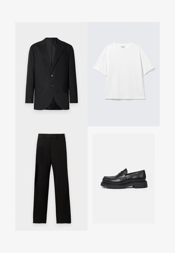 Zwarte blazer met een notch lapel, dubbele knoopsluiting, twee voorzakken en een enkele borstzak. Gladde stof en een getailleerde pasvorm.; Witte oversized T-shirt met korte mouwen, ronde hals en verlaagde schouders, plat op een lichtgrijze achtergrond.; Zwarte broek met rechte pijpen, riemlussen en zijzakken op een effen witte achtergrond.; Zwarte leren loafer met dikke geribbelde zool en pennyriemdetail, getoond in rechter zijprofiel op witte achtergrond.