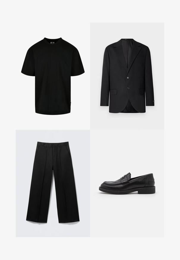 Sort blazer med en notch lapel, dobbel knaplukning, to frontlommer og en enkelt brystlomme. Glat stof og skræddersyet pasform.; Sort T-shirt lavet af bomuld, med rund halsudskæring og korte ærmer i en løs pasform. Enkel design, uden mønstre eller grafik.; Sorte vidde-bukser med bæltestropper, forlommer og lynlås foran, vist på en lysegrå baggrund.; Sorte læder loafers med en rund tå, tonale syninger og en stropdetalje foran. Gummisål med en lav hæl.