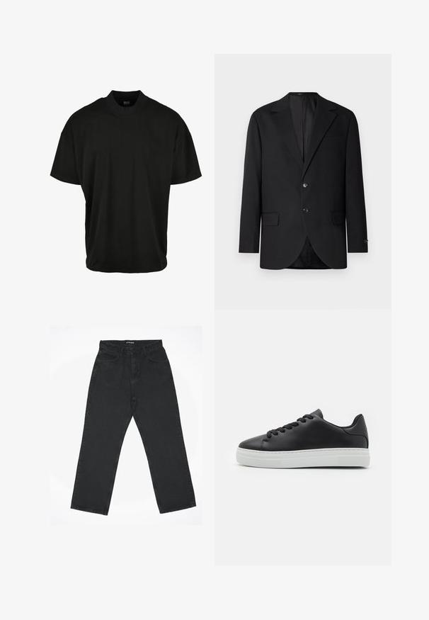 Blazer negro con solapa de muesca, cierre de doble botón, dos bolsillos frontales y un bolsillo en el pecho. Tela suave y corte entallado.; Camiseta de manga corta negra con diseño de cuello redondo, hecha de tela suave, que presenta un ajuste relajado y sin patrones o acentos visibles.; Vaqueros negros de pierna recta con cinco bolsillos y cremallera, colocados planos sobre un fondo blanco, etiquetados con "2Y STUDIOS" en la cintura.; Zapatilla de cuero negro con punta redonda, suela de goma blanca y cordones negros. Presenta un acabado liso y un diseño minimalista.