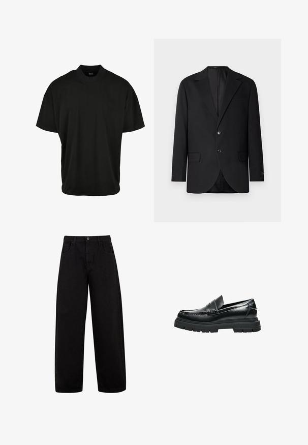 Schwarzer Blazer mit Reverskragen, Doppelknopfverschluss, zwei vorderen Taschen und einer Brusttasche. Glattes Material und taillierte Passform.; Schwarzes T-Shirt mit kurzen Ärmeln und Rundhalsausschnitt, aus weichem Stoff, mit lockerer Passform und ohne sichtbare Muster oder Akzente.; Schwarze weite Jeans aus Denim, mit Fronttaschen, einem Knopfverschluss und einem klaren, minimalistischen Design ohne sichtbare Muster.; Schwarzer Leder-Slipper mit dicker Profilsohle und Pennyriemen-Detail, seitlich auf weißem Hintergrund gezeigt.