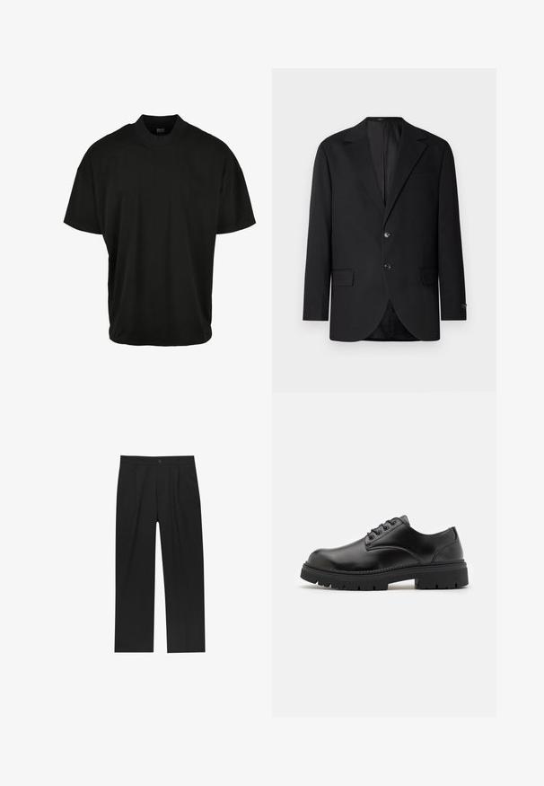 Zwarte blazer met een notch lapel, dubbele knoopsluiting, twee voorzakken en een enkele borstzak. Gladde stof en een getailleerde pasvorm.; Zwarte T-shirt met korte mouwen en een ronde hals, gemaakt van zachte stof, met een ontspannen pasvorm en zonder zichtbare patronen of accenten.; Zwarte broeken met een recht model, gemaakt van een gladde stof. Voorzien van een voorplooien en een enkele knoopsluiting bij de taille.; Zwarte leren schoenen met een ronde neus, vetersluiting en een dikke, gestructureerde rubberen zool. Kenmerken zijn stiksels langs de rand en een gladde afwerking.