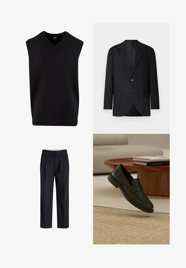 Blazer negro con solapa de muesca, cierre de doble botón, dos bolsillos frontales y un bolsillo en el pecho. Tela suave y corte entallado.; Jersey sin mangas negro con escote en V, hecho de un material suave, que cuenta con un escote y dobladillo de canalé. Diseño simple y clásico.; Pantalones negros de tiro recto con cinturilla, trabillas, cremallera frontal y bolsillos laterales mostrados sobre un fondo blanco.; Zapato mocasín de cuero negro mostrado en el aire sobre una alfombra beige tejida, con una mesa de madera y libros apilados en una sala de estar con luz suave.