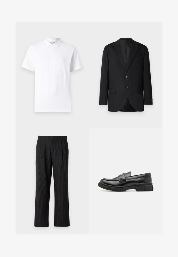 Blazer noir avec un col cranté, fermeture à deux boutons, deux poches avant et une poche poitrine. Tissu lisse et coupe ajustée.; Polo shirt blanc avec un col classique, une patte de boutonnage à deux boutons, des manches courtes et un petit logo sur la poitrine. Fabriqué en tissu lisse.; Jack & Jones Classic Wide Leg Fit - Pantalon classique - black; Mocassin en cuir noir avec une large sangle sur le devant, semelle en caoutchouc à épaisse rainure, et texture lisse. Design classique et élégant.