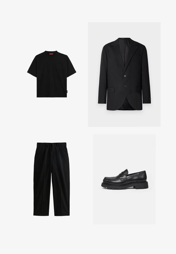 Blazer negro con solapa de muesca, cierre de doble botón, dos bolsillos frontales y un bolsillo en el pecho. Tela suave y corte entallado.; Camiseta negra de manga corta hecha de algodón, con cuello redondo y una pequeña etiqueta en el lateral. Textura suave y corte recto.; Pantalones negros de tejido liso, con diseño de pierna recta, bolsillos frontales y cierre de botón. Textura resistente a las arrugas.; Mocasín negro de cuero con suela gruesa y acanalada y detalle de tira para moneda, mostrado en perfil lateral derecho sobre fondo blanco.