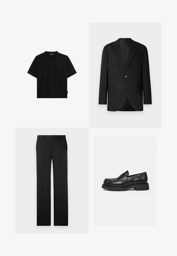 Blazer negro con solapa de muesca, cierre de doble botón, dos bolsillos frontales y un bolsillo en el pecho. Tela suave y corte entallado.; Camiseta negra de manga corta hecha de algodón, con cuello redondo y una pequeña etiqueta en el lateral. Textura suave y corte recto.; Pantalones negros a medida con corte recto, tejido suave, pliegues frontales y un cierre de botón en la cintura.; Mocasín negro de cuero con suela gruesa y acanalada y detalle de tira para moneda, mostrado en perfil lateral derecho sobre fondo blanco.