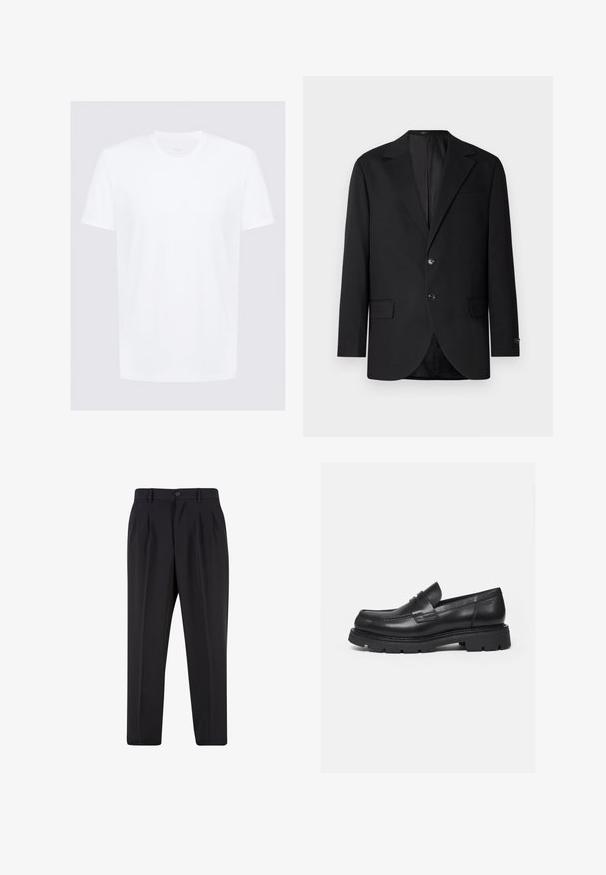 Blazer negro con solapa de muesca, cierre de doble botón, dos bolsillos frontales y un bolsillo en el pecho. Tela suave y corte entallado.; Camiseta blanca de manga corta hecha de algodón suave con cuello redondo; diseño minimalista, con líneas limpias y sin patrones visibles.; Pantalones negros a medida con pliegues delanteros, trabillas para cinturón y cierre con botón en la cintura.; Mocasín negro de cuero con suela gruesa y acanalada y detalle de tira para moneda, mostrado en perfil lateral derecho sobre fondo blanco.