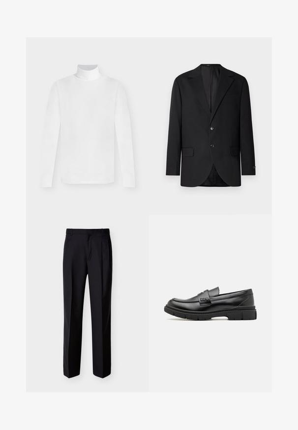 Zwarte blazer met een notch lapel, dubbele knoopsluiting, twee voorzakken en een enkele borstzak. Gladde stof en een getailleerde pasvorm.; Wit shirt met lange mouwen en coltrui met een getailleerde pasvorm, weergegeven tegen een effen lichtgrijze achtergrond.; Zwarte, op maat gemaakte broek met rechte pasvorm, geplooide voorkant en zijzakken. Gemaakt van een gladde, lichtgewicht stof met een effen patroon.; Zwarte leren instapper met een brede band over de voet, rubberen zool met dikke noppen en een gladde textuur. Klassiek, strak ontwerp.