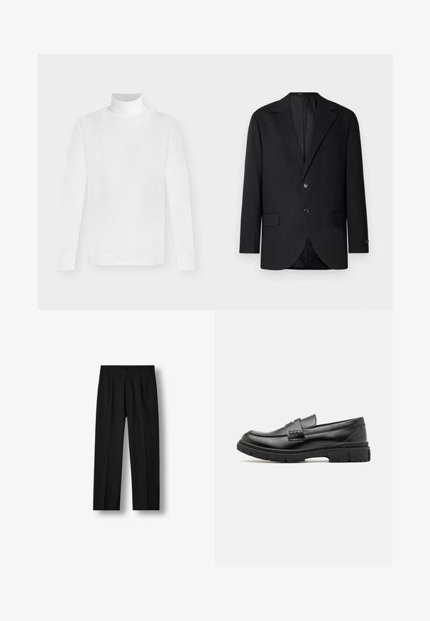 Blazer negro con solapa de muesca, cierre de doble botón, dos bolsillos frontales y un bolsillo en el pecho. Tela suave y corte entallado.; Camiseta blanca de manga larga con cuello alto y corte ajustado, mostrada sobre un fondo liso gris claro.; Pantalones negros de pierna recta con pliegues delanteros, cintura con botones y bolsillos laterales sobre fondo blanco liso.; Mocasin de cuero negro con una cinta ancha en el empeine, suela de goma con tacos gruesos y textura suave. Diseño clásico y elegante.