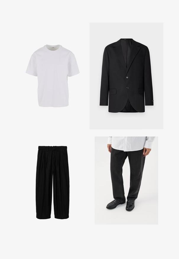 Sort blazer med en notch lapel, dobbel knaplukning, to frontlommer og en enkelt brystlomme. Glat stof og skræddersyet pasform.; Hvid T-shirt med korteærmer lavet af blødt bomuld, med rund halsudskæring og en afslappet pasform med lige kant. Ingen mønstre eller detaljer synlige.; Sorte brede bukser med høj talje, plisseringer, bæltestropper, sidelommer samt knap- og lynlåslukning foran.; Sorte denimbukser parret med skinnende sorte loafers. Skjorten er hvid med tynde lodrette striber, har lange ærmer og en knapkrave.