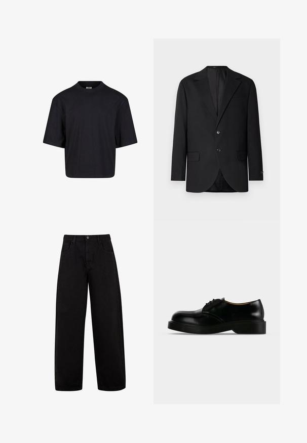 Schwarzer Blazer mit Reverskragen, Doppelknopfverschluss, zwei vorderen Taschen und einer Brusttasche. Glattes Material und taillierte Passform.; Schwarzes Baumwoll-T-Shirt mit Rundhalsausschnitt, kurzen Ärmeln und oversized Passform. Glatte Textur und minimalistisches Design. Keine sichtbaren Logos.; Schwarze weite Jeans aus Denim, mit Fronttaschen, einem Knopfverschluss und einem klaren, minimalistischen Design ohne sichtbare Muster.; Schwarzer, polierter Lederschnürschuh mit dicker Sohle, abgerundeter Spitze und niedrigem Absatz, von der Seite auf einfarbigem Hintergrund dargestellt.