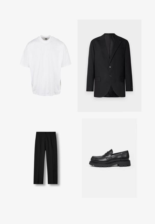 Blazer noir avec un col cranté, fermeture à deux boutons, deux poches avant et une poche poitrine. Tissu lisse et coupe ajustée.; T-shirt en coton blanc avec une coupe décontractée, des manches courtes et un col rond, présentant un ourlet droit et sans graphiques ni motifs visibles.; Pantalon noir droit avec plis devant, taille boutonnée et poches latérales sur un fond blanc uni.; Mocassin en cuir noir avec semelle épaisse crantée et détail de bride penny, présenté en profil droit sur fond blanc.