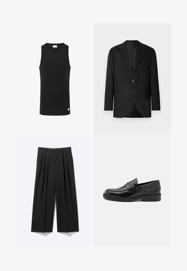Schwarzer Blazer mit Reverskragen, Doppelknopfverschluss, zwei vorderen Taschen und einer Brusttasche. Glattes Material und taillierte Passform.; Schwarzes ärmelloses Tanktop aus geripptem Stoff, mit rundem Ausschnitt und einem kleinen Logolabel am Saum. Einfaches, figurbetontes Design.; Schwarze Weithose mit vorderen Falten, Gürtelschlaufen und Knopfverschluss auf schlichtem hellem Hintergrund dargestellt.; Schwarze Lederloafers mit glatter Oberfläche, abgerundetem Zehenbereich, niedrigem Absatz und dekorativer Naht entlang der Vorderseite. Gummisohle für guten Halt.