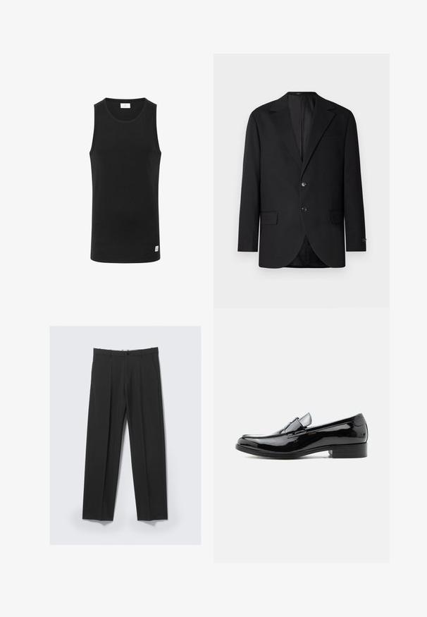 Blazer negro con solapa de muesca, cierre de doble botón, dos bolsillos frontales y un bolsillo en el pecho. Tela suave y corte entallado.; Top sin mangas negro hecho de tejido acanalado, con un escote redondo y una pequeña etiqueta de logo en el dobladillo. Diseño simple y ajustado.; Pantalones negros a medida con pinzas delanteras, bolsillos laterales, trabillas para cinturón y cierre de botón en la cintura sobre un fondo claro.; Zapato tipo mocasín para hombre de charol negro con tacón bajo, punta redondeada y detalle de correa sobre el empeine, sobre fondo blanco.