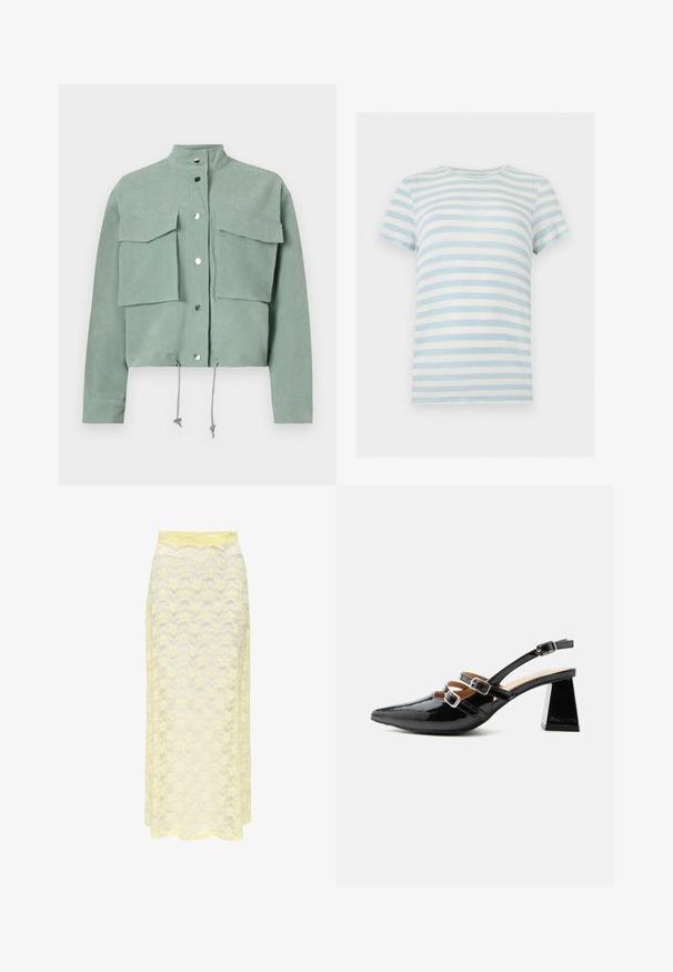 Chaqueta verde corta de manga corta con dos bolsillos frontales y botones a presión, con cordones en el dobladillo y un cuello alto.; Camiseta de manga corta con relieve, con rayas horizontales en azul celeste y blanco y cuello redondo sobre un fondo blanco.; Falda maxi amarilla de encaje con un patrón ondulado, que cuenta con una cinturilla lisa y una textura suave y translúcida. Diseñada para una silueta ligera y fluida.; Tacón slingback de charol negro con dos cintas delanteras con hebilla y un tacón grueso y acampanado de 6 cm sobre un fondo claro y liso.